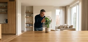 Ein Mann in einem hellen Wohnzimmer stülpt behutsam eine Glasglocke über eine kleine, grüne Topfpflanze.